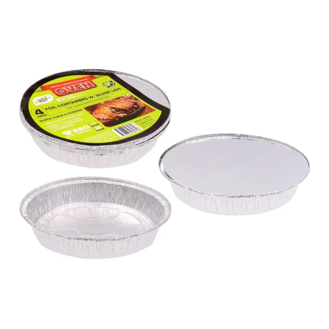 Pack of disposable aluminium foil containers with silver lids for oven use