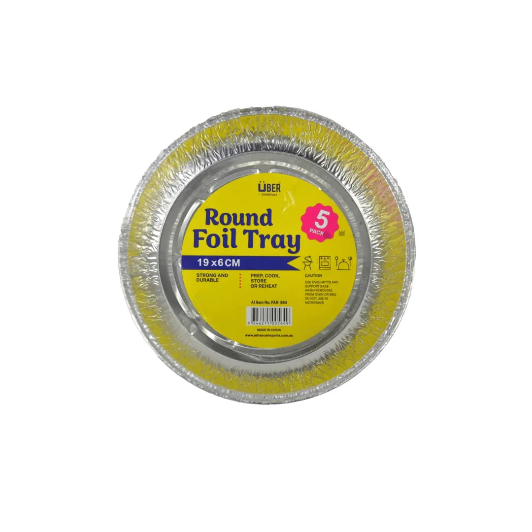 A pack of 5 Liber round aluminum foil trays, size 19x6cm, for cooking and storing food.