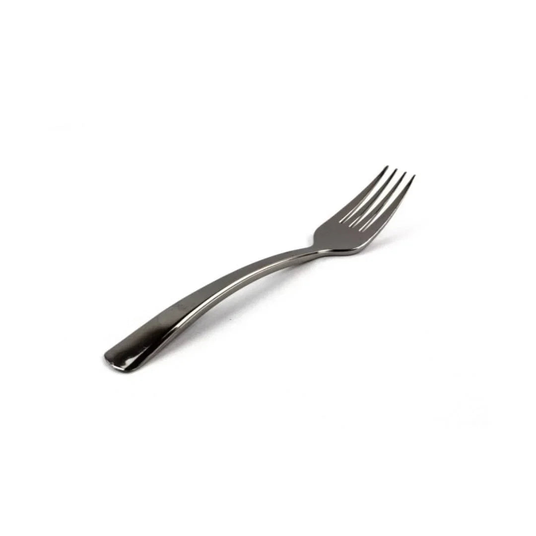 Single silver plastic disposable fork on a white background
