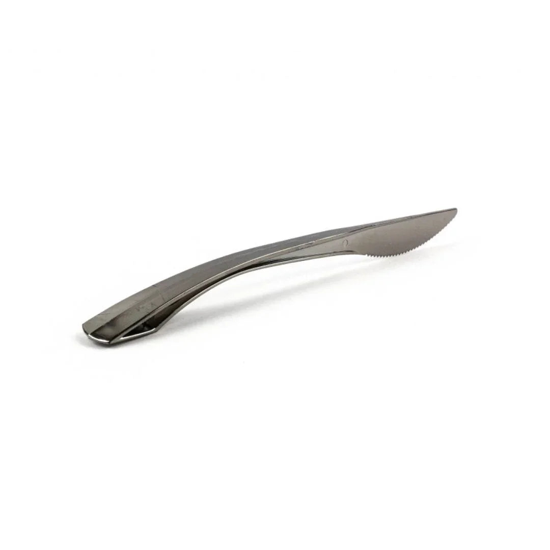 Stainless steel butter knife with a serrated edge on a white background