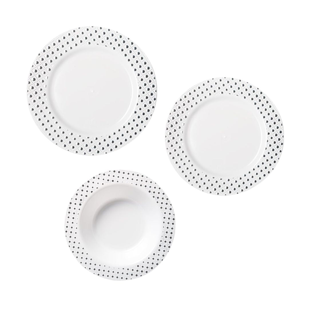 Silver Dot Rim Plates & Bowls - 6PK
