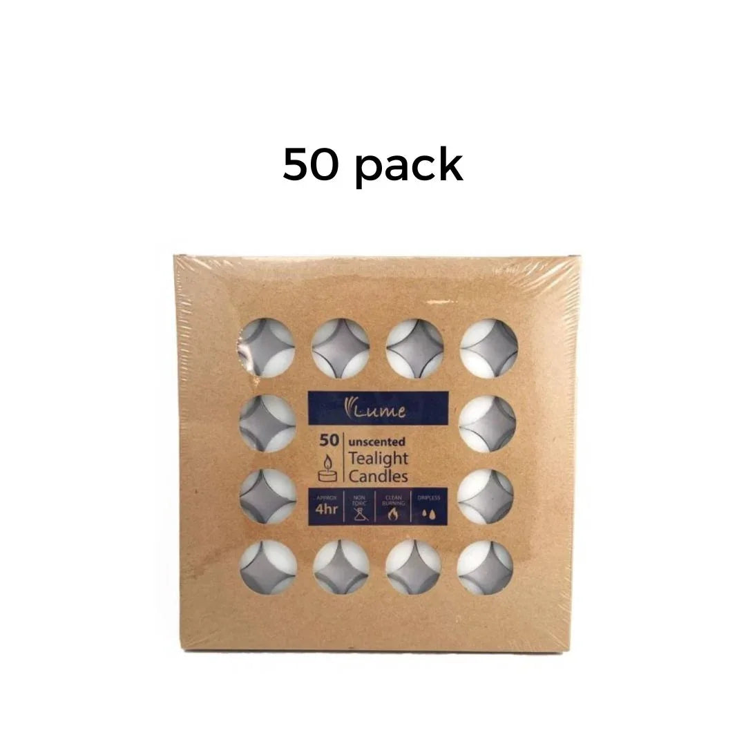 Pack of 50 Lume unscented white tealight candles in a cardboard box