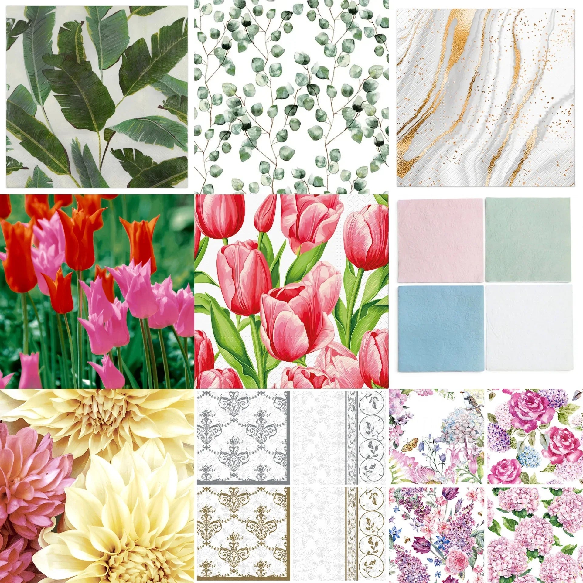 Collection of decorative patterned papers featuring botanicals, marble, and floral designs.