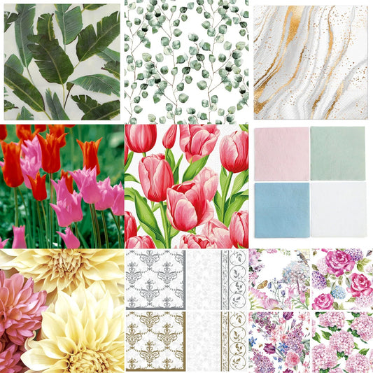 Collection of decorative patterned papers featuring botanicals, marble, and floral designs.